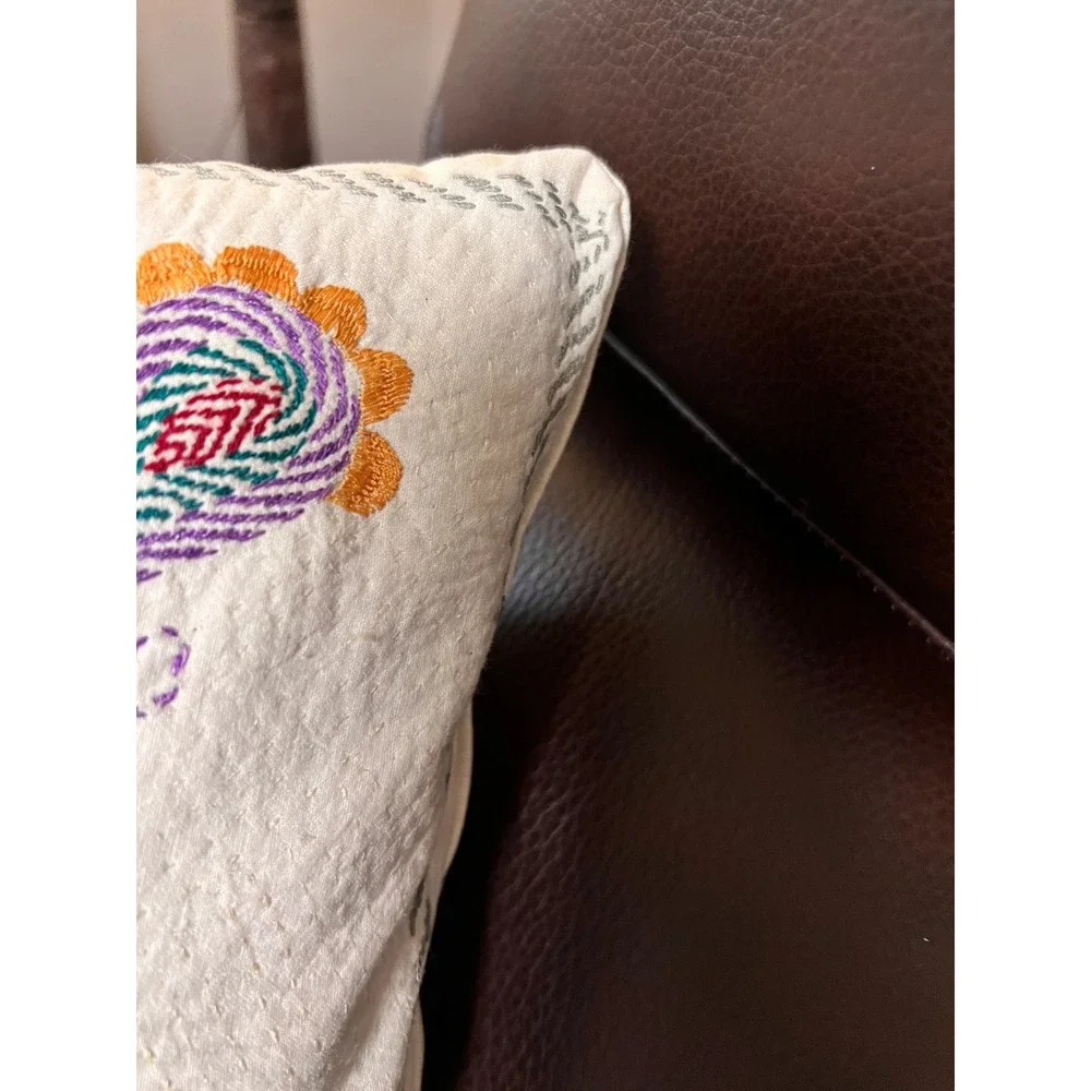 Vintage Boho Hand Embroidered Kantha Floral Paisley Throw Pillow Cover Square